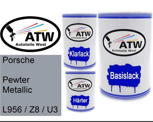 Porsche, Pewter Metallic, L956 / Z8 / U3: 500ml Lackdose + 500ml Klarlack + 250ml Härter - Set, von ATW Autoteile West.
